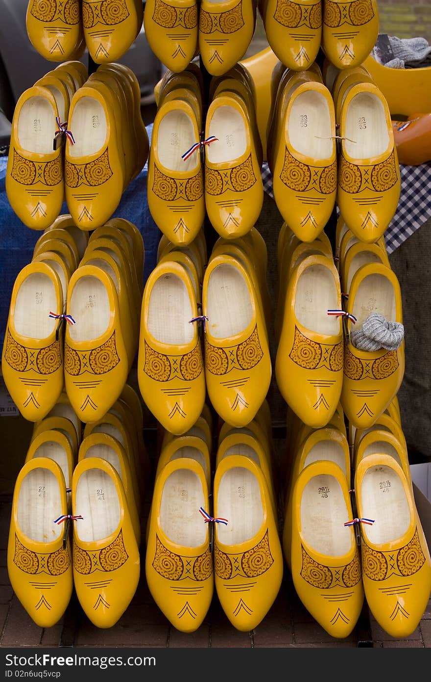 Wooden shoes from Holland on a sales stand. Wooden shoes from Holland on a sales stand