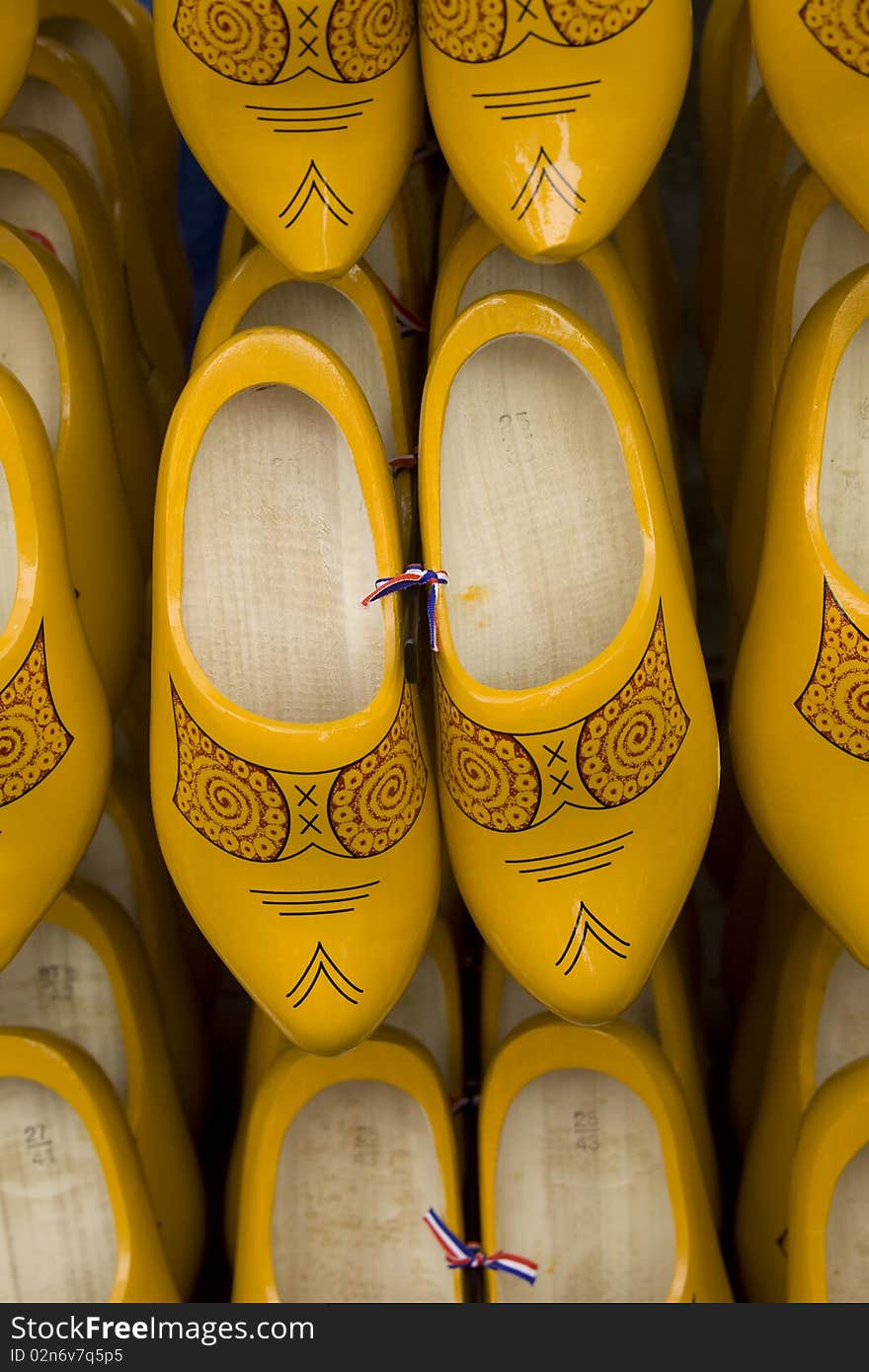 Wooden shoes from Holland on a sales stand. Wooden shoes from Holland on a sales stand