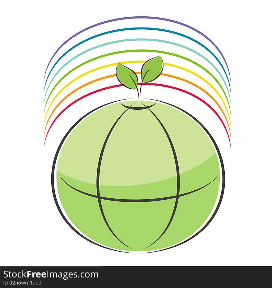 Illustration of Earth with leaves and rainbow