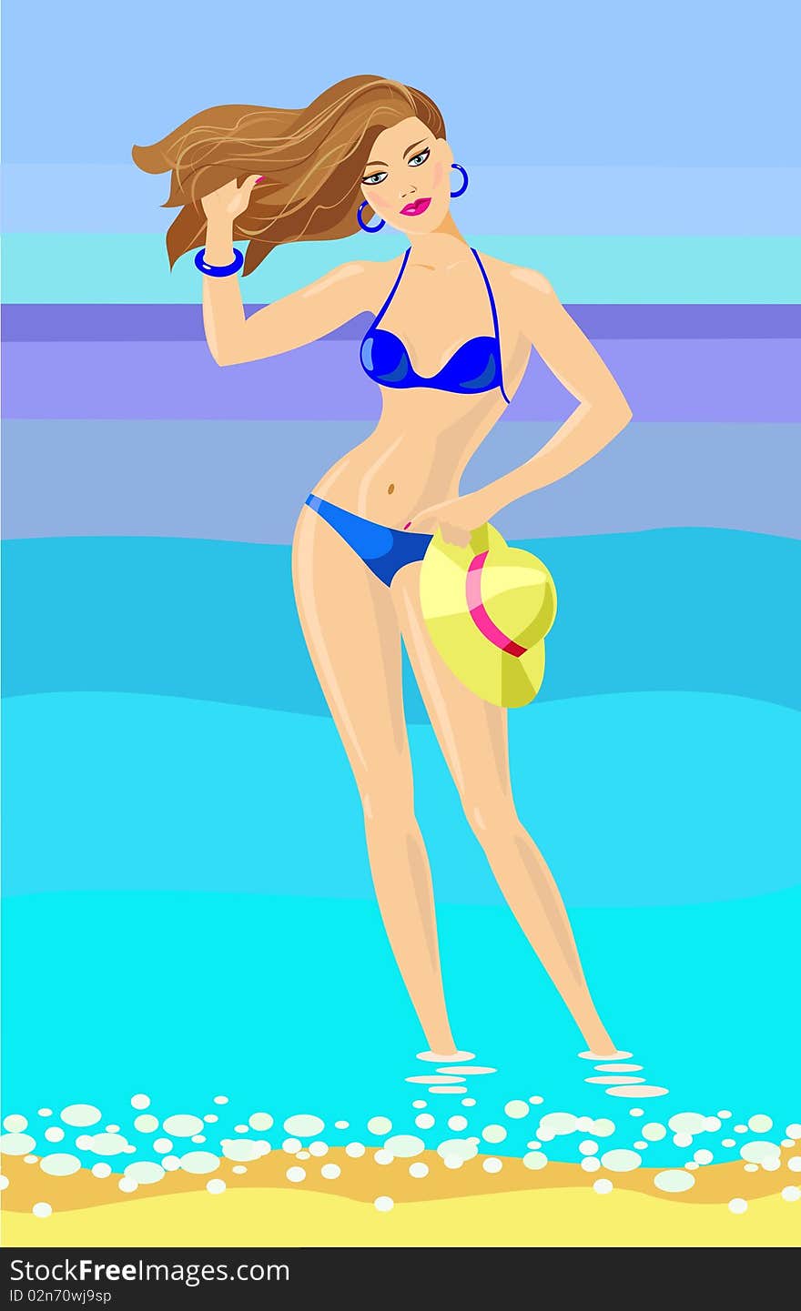 The girl on the seashore in bikini and straw hat. The girl on the seashore in bikini and straw hat