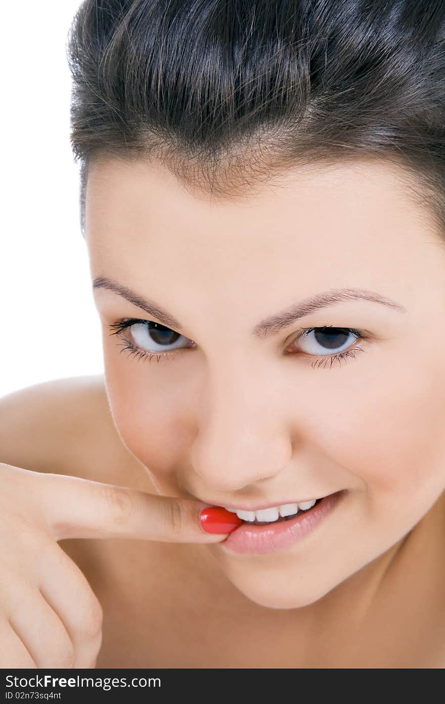 Brightly picture of sexy female face with finger in mouth