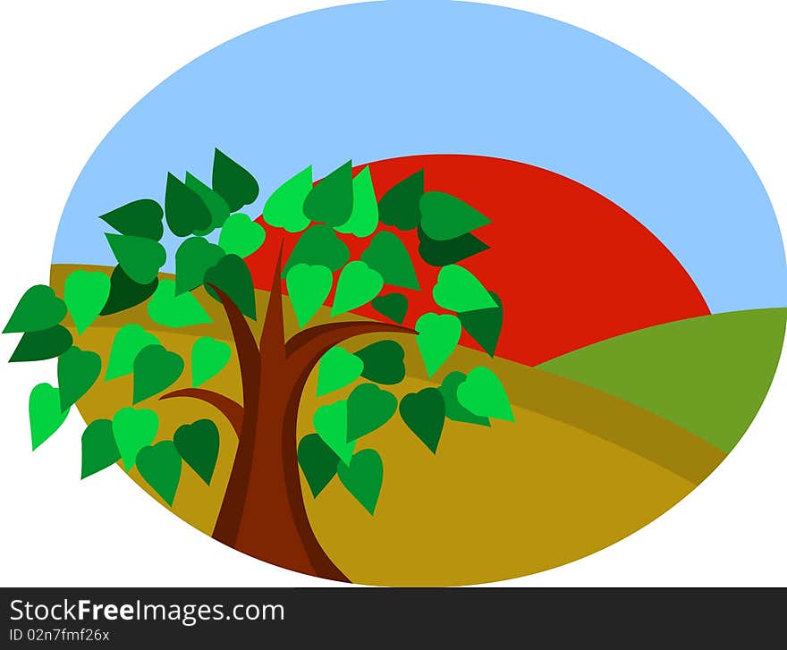Sunny Meadow landscape with red sun and tree, illustration