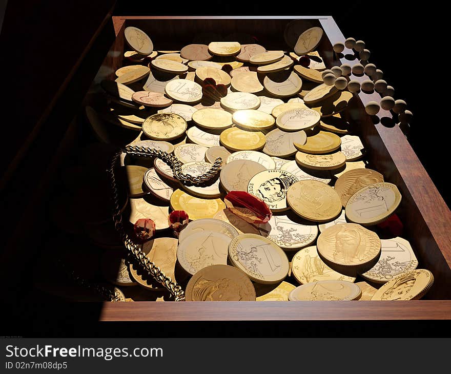 Chest filled with gold coins. Chest filled with gold coins