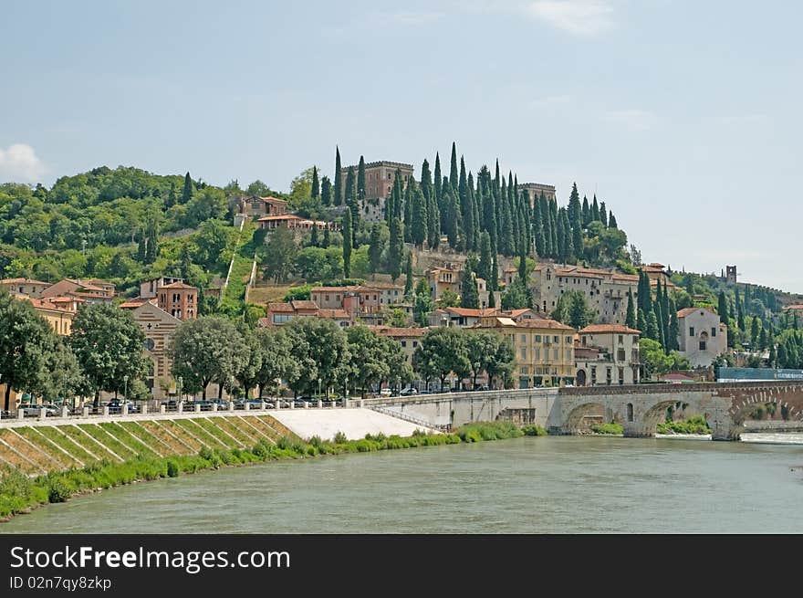 The landscape by the river in the city of verona in italy. The landscape by the river in the city of verona in italy