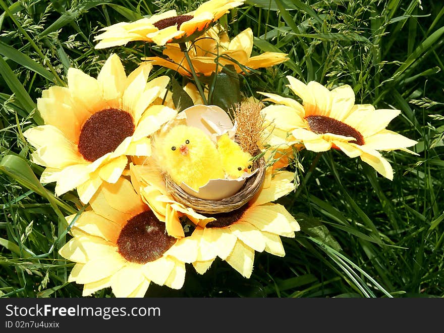 Artificial flowers - sunflowers on a green grass, and on flowers the nest with chickens lays. Artificial flowers - sunflowers on a green grass, and on flowers the nest with chickens lays