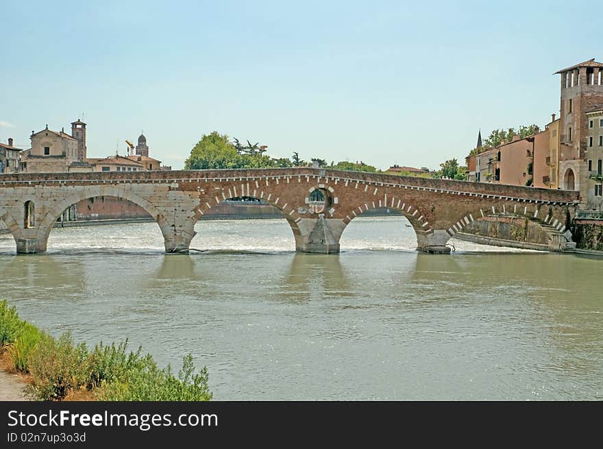 A view of the river adige and the 
ponte pietra bridge in verona 
in italy. A view of the river adige and the 
ponte pietra bridge in verona 
in italy