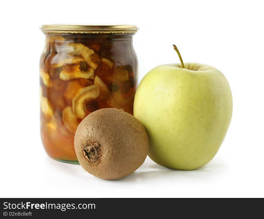 Apple kiwi and apple jam on white background