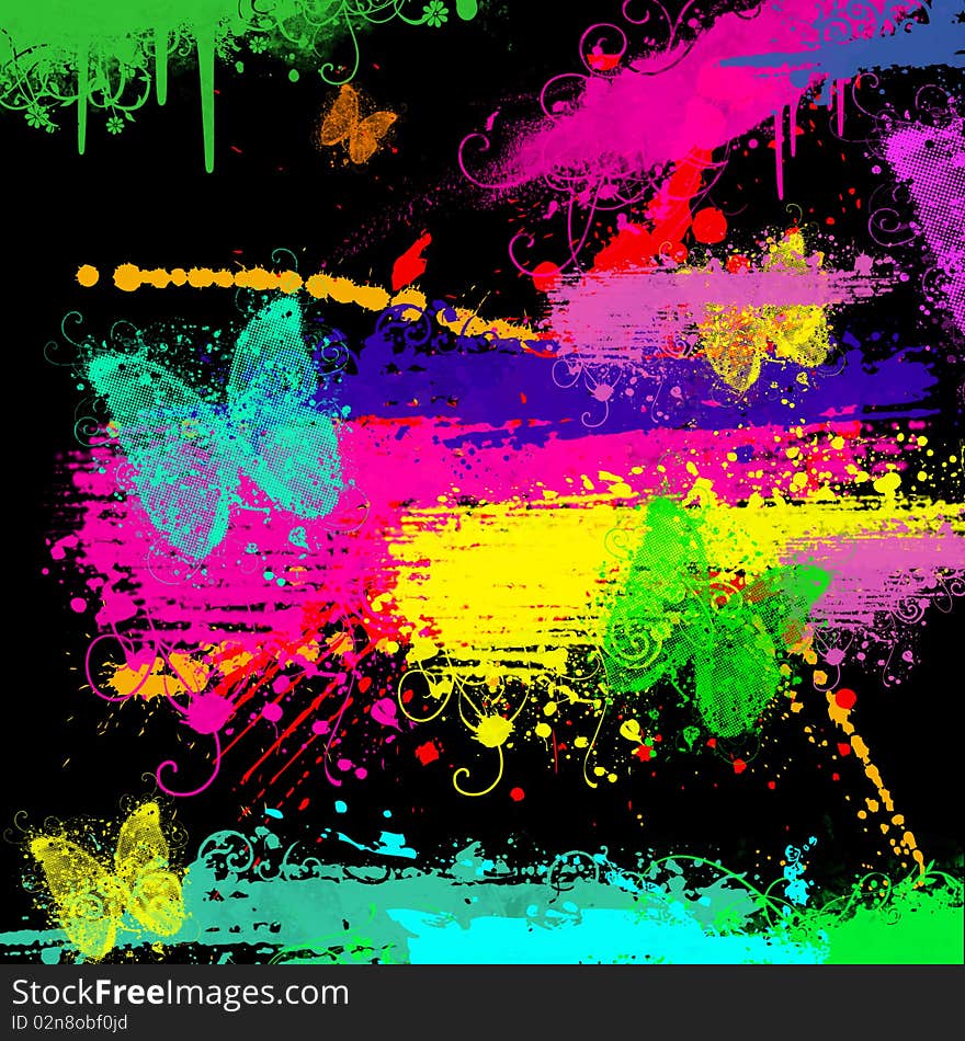 Grunge background with Splash of water colors on a black background and butterflies