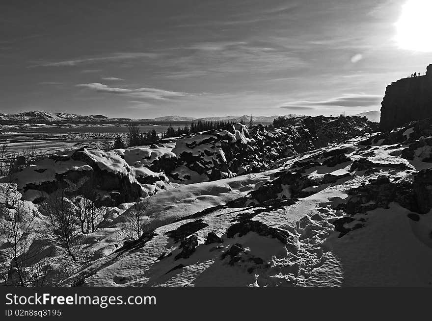 Iceland - Black and white view of the dramatic and historical Thingvellir national park in fading light. Iceland - Black and white view of the dramatic and historical Thingvellir national park in fading light