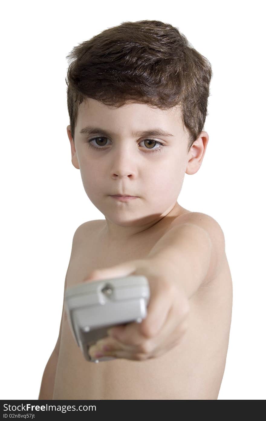 Child with remote-control on a white background. Child with remote-control on a white background