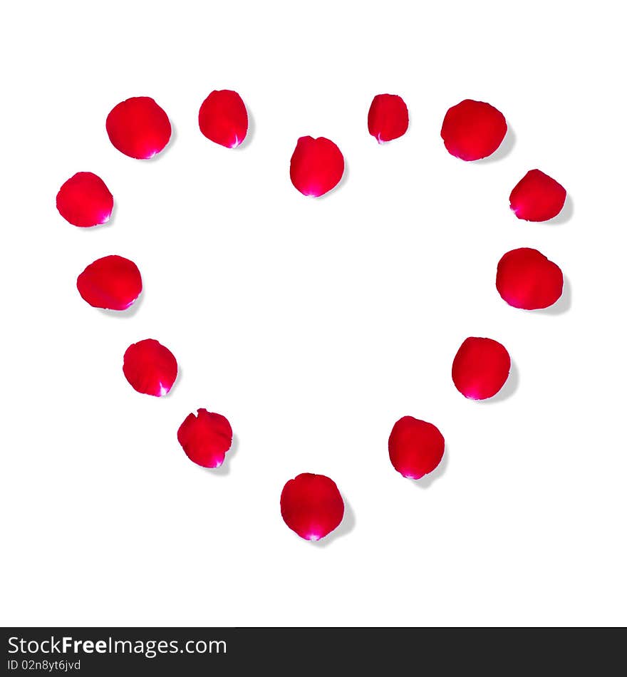 The heart shape make by red rose petal in white background. The heart shape make by red rose petal in white background.