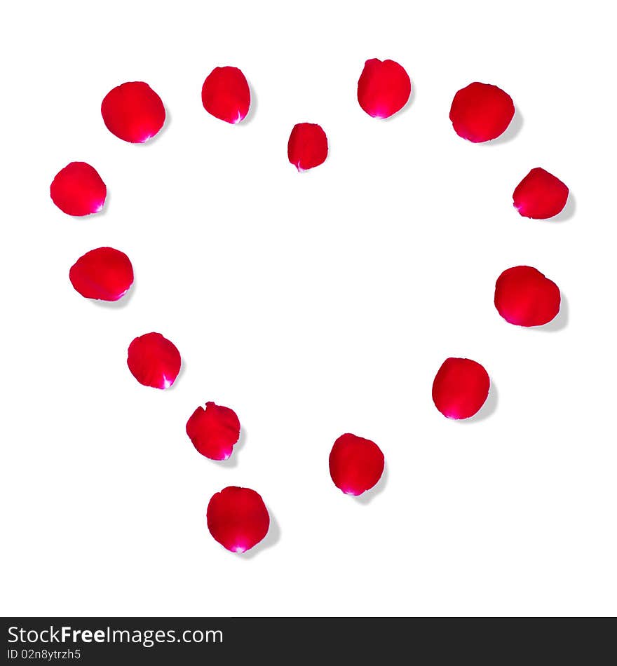 The heart shape make by red rose petal in white background. The heart shape make by red rose petal in white background.