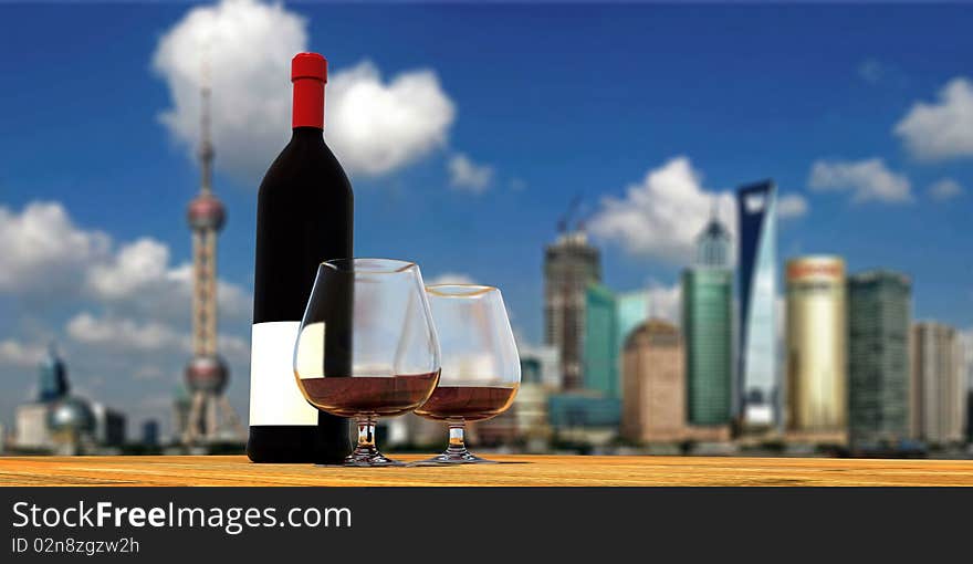 Bottles and glasses in front of the Bund, Shanghai Lujiazui background, a way of life. Bottles and glasses in front of the Bund, Shanghai Lujiazui background, a way of life