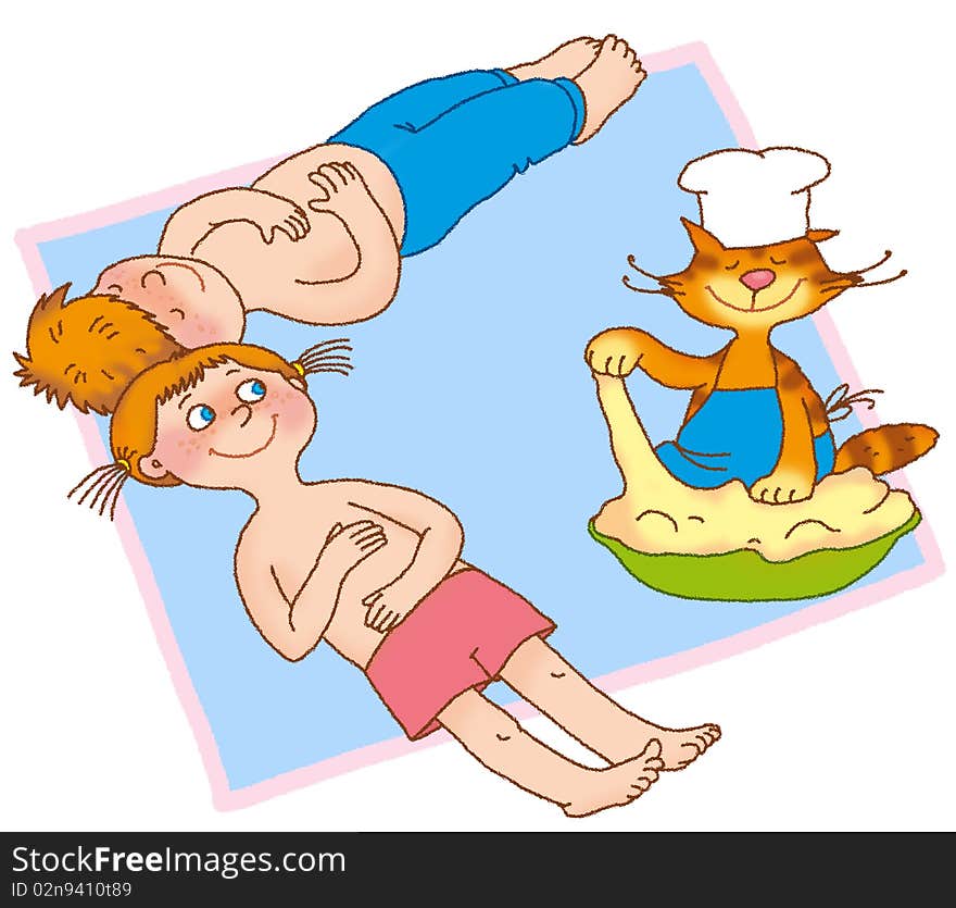 Little boy and girl stroking their bellies, as if the dough is kneaded. Little boy and girl stroking their bellies, as if the dough is kneaded