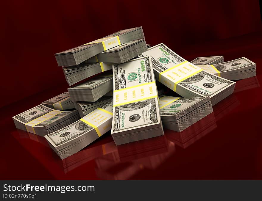 3d illustration of dollars over dark red background. 3d illustration of dollars over dark red background