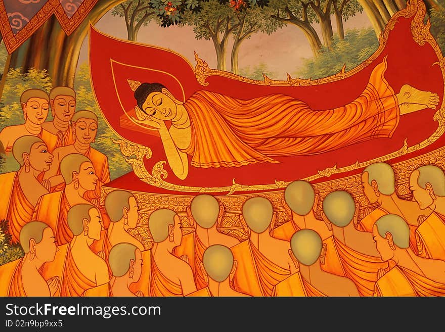 Photo mural about Buddhism in Thailand.