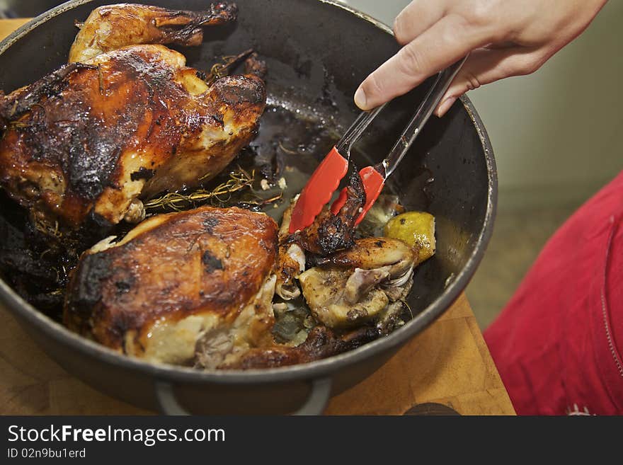 Tasty roast chicken in a pot. Tasty roast chicken in a pot