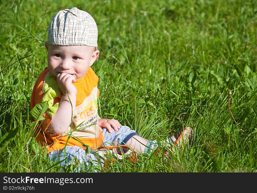 Beautiful Little Boy Looks In Green  Meadow