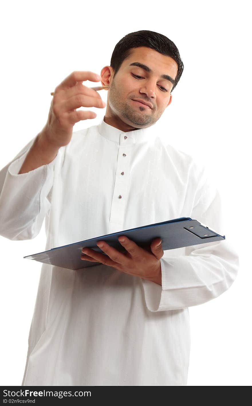 An ethnic middle eastern mixed race business man wearing a white traditional woven robe and holding a clipboard folder and pen. Man's right hand shows motion. An ethnic middle eastern mixed race business man wearing a white traditional woven robe and holding a clipboard folder and pen. Man's right hand shows motion.