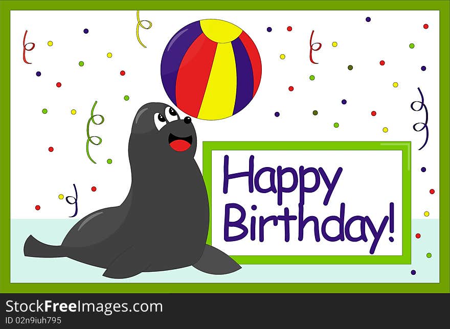 A funny vector cartoon style happy birthday card for children with a sail playing witha coloured ball on a white background with confetti. A funny vector cartoon style happy birthday card for children with a sail playing witha coloured ball on a white background with confetti.