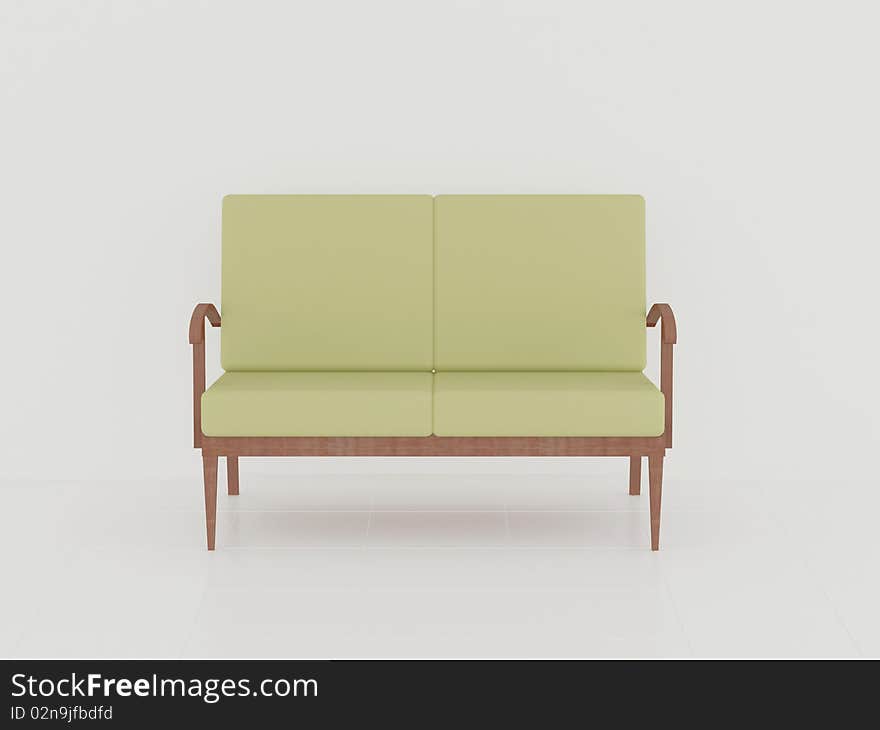 Modern green sofa in the white room, 3D render/illustration