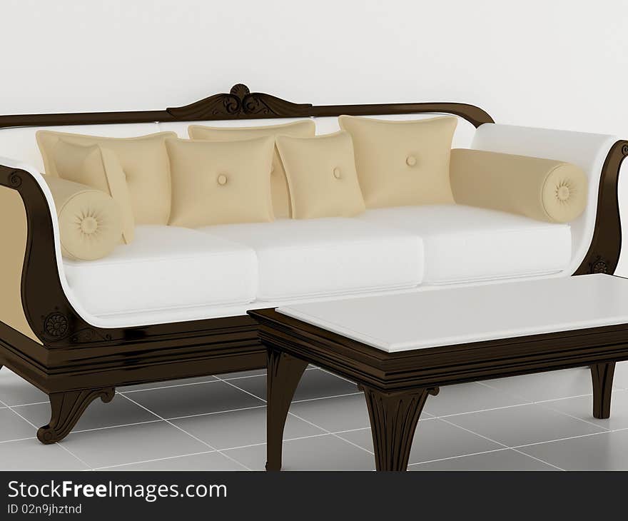 Classic white sofa with little table for coffee. Living room, 3D render/illustration