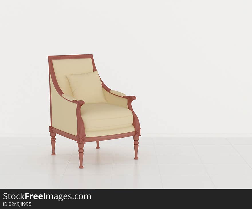 Classic brown armchair in the midle of the room, 3d render/illustration