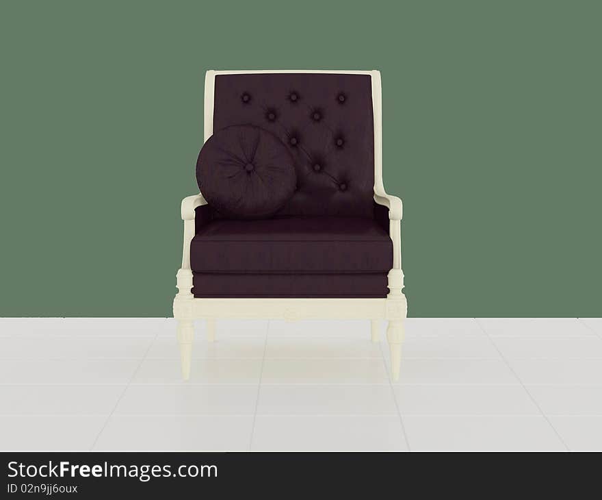 Classic violet armchair in the midle of the room, 3d render/illustration