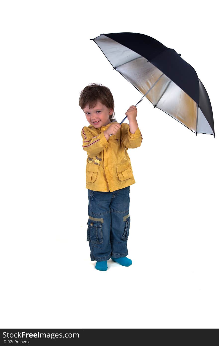 Boy posing with umbrella on a white background. Boy posing with umbrella on a white background