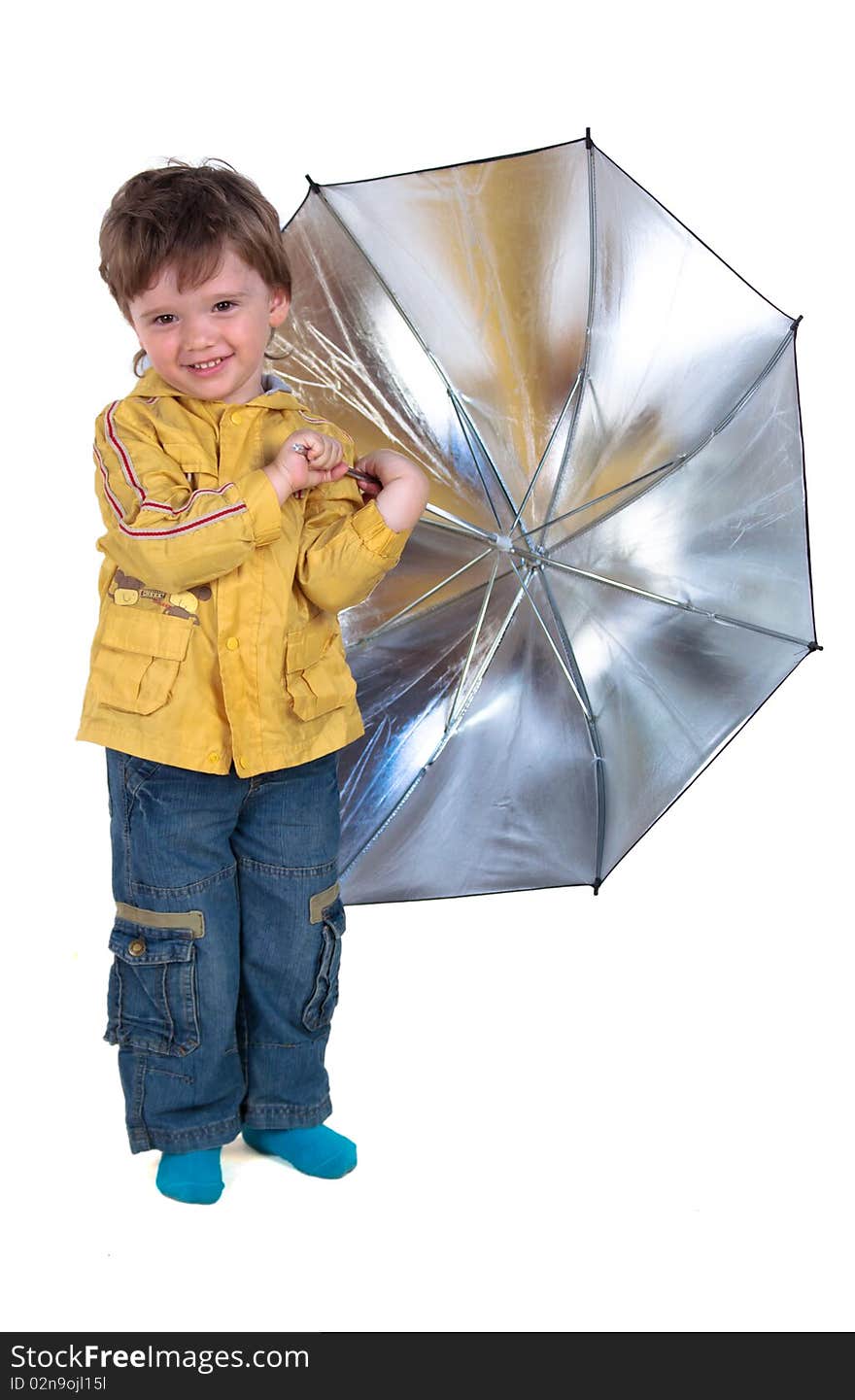 Boy posing with umbrella on a white background. Boy posing with umbrella on a white background