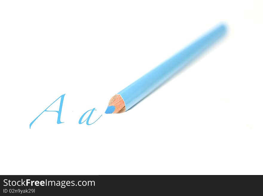 A blue colored pencil with the alphabet a opn a white background