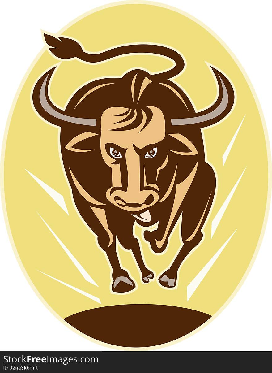 Illustration of a Raging texas longhorn bull charging toward you