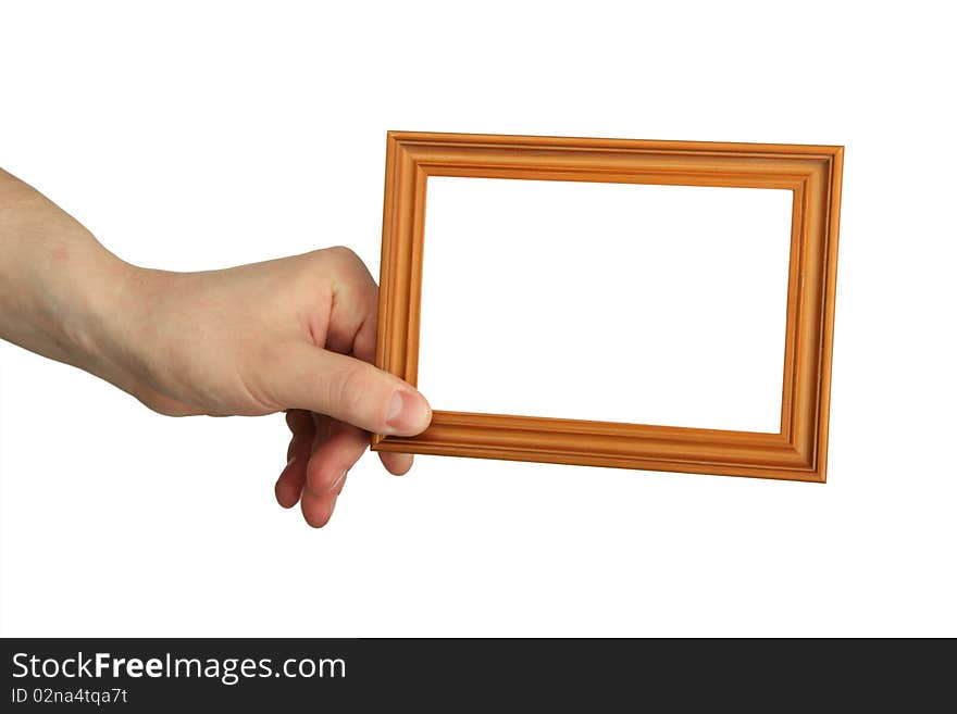 Man's hand with frame , closeup, isolated background