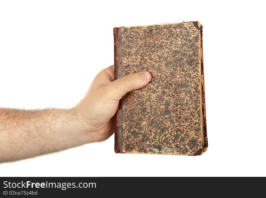 Man's hand with old book , closeup, isolated background