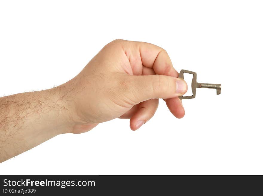 Man's hand with lock key , closeup, isolated background