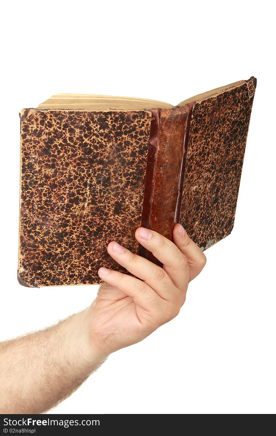 Man's hand with old book , closeup, isolated background