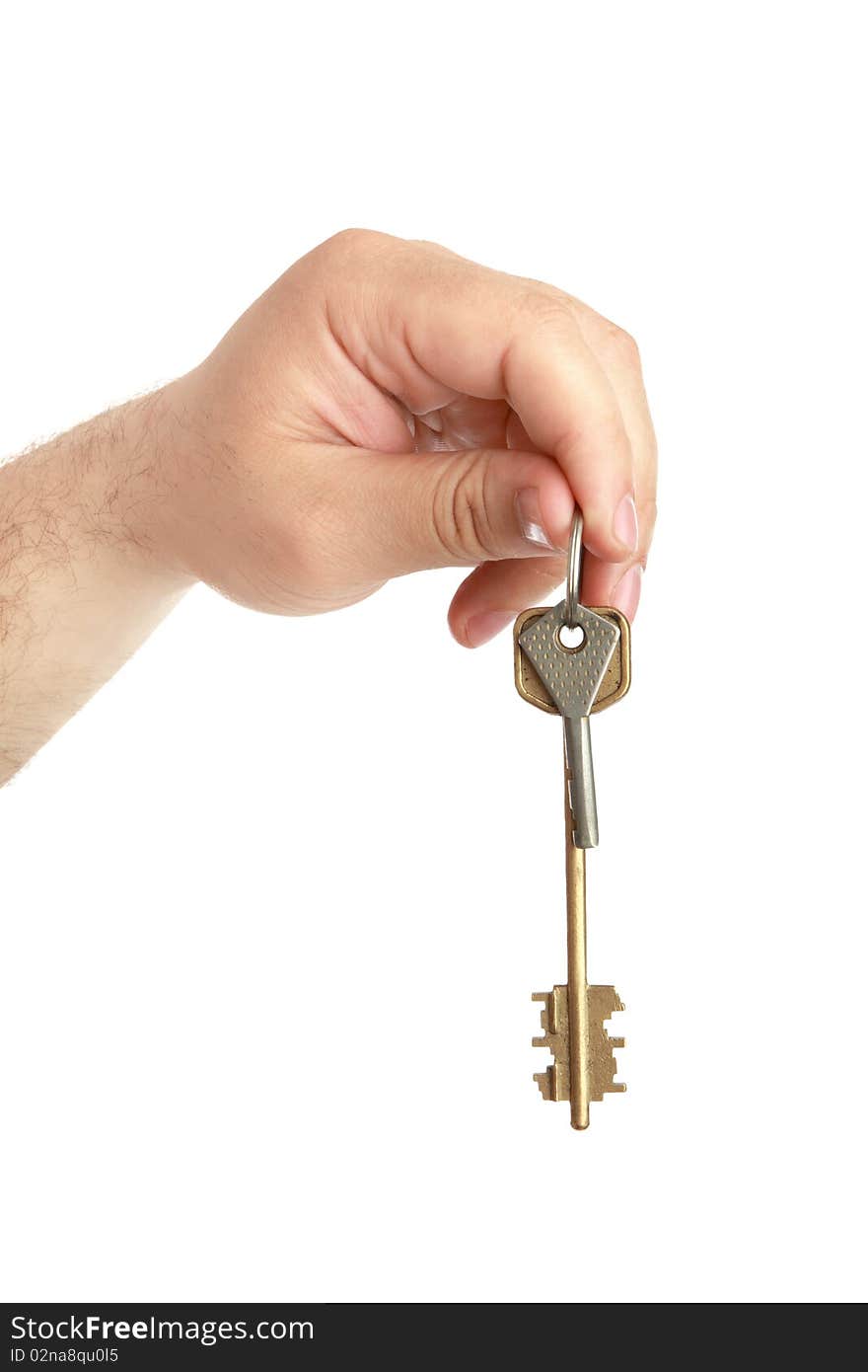 Man's hand with lock key , closeup, isolated background