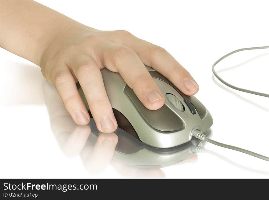 Compute mouse in  hand isolated in white