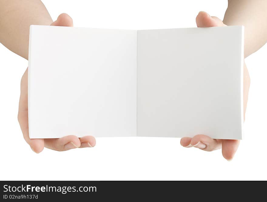 Notebook in hand isolated on white