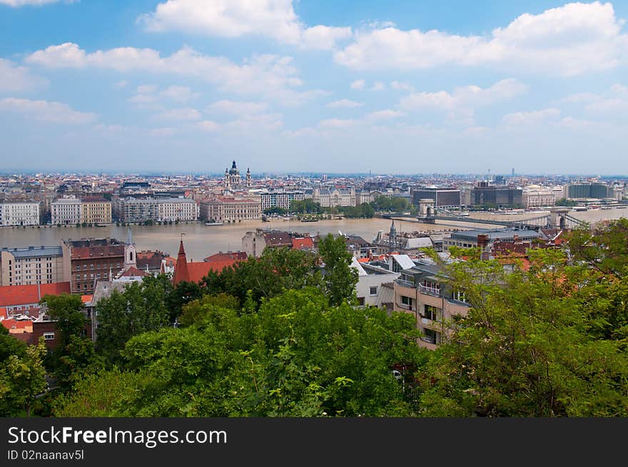 Panorama of Budapest with a flood on the Danube