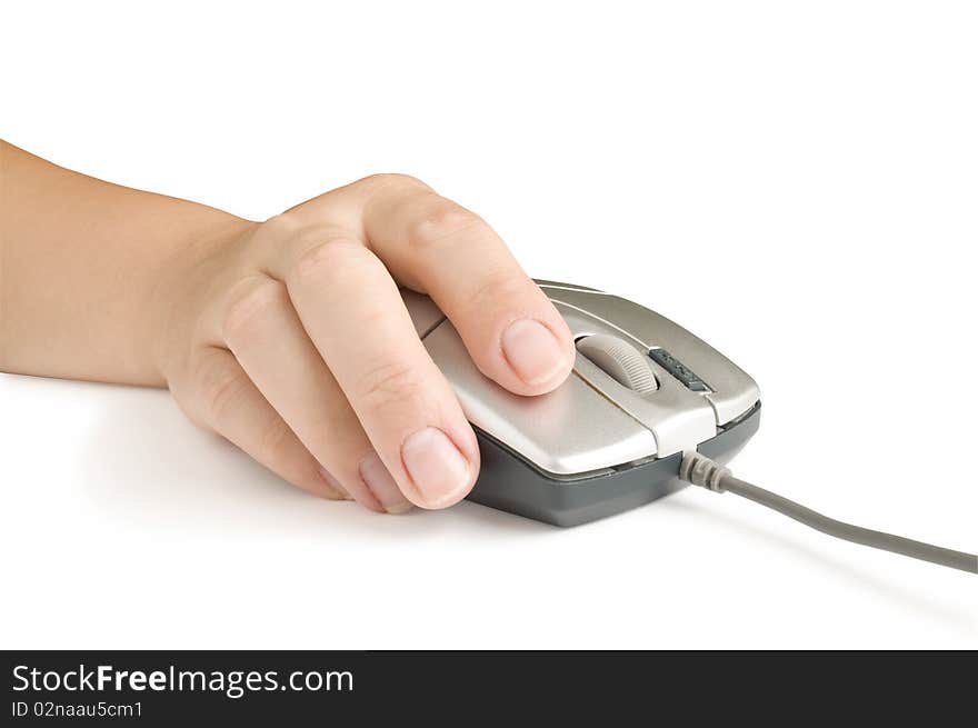 Computer mouse in the hand isolated in white