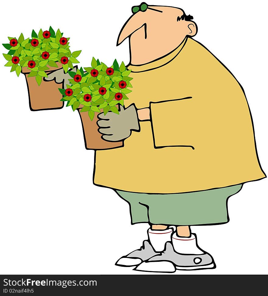 This illustration depicts a man holding two pots with flowering plants. This illustration depicts a man holding two pots with flowering plants.