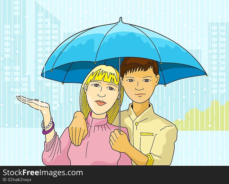 Illustration of young couple sharing in one umbrella. Illustration of young couple sharing in one umbrella