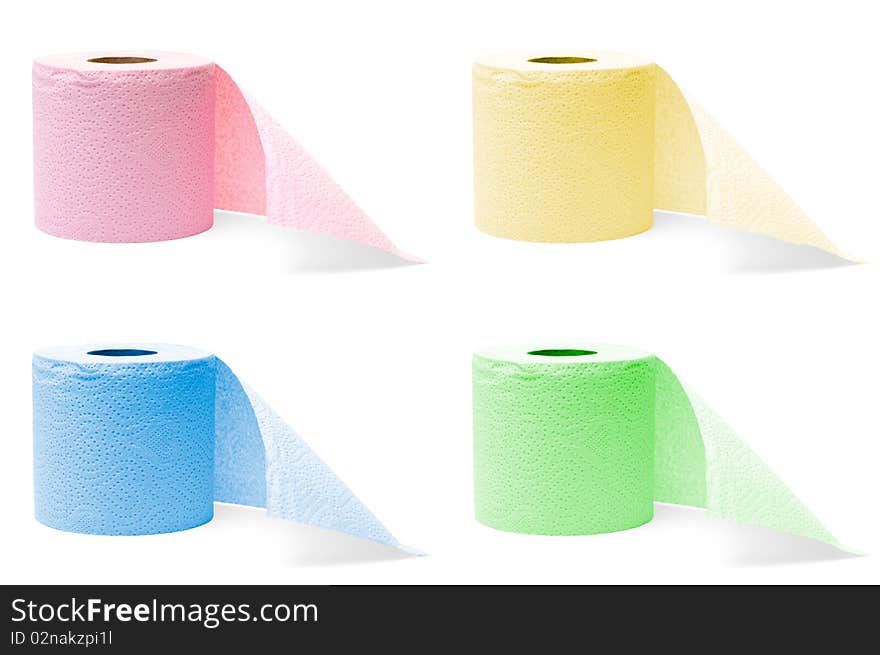 Four colorful rolls of toilet paper isolated on white background (8 megapixel each)