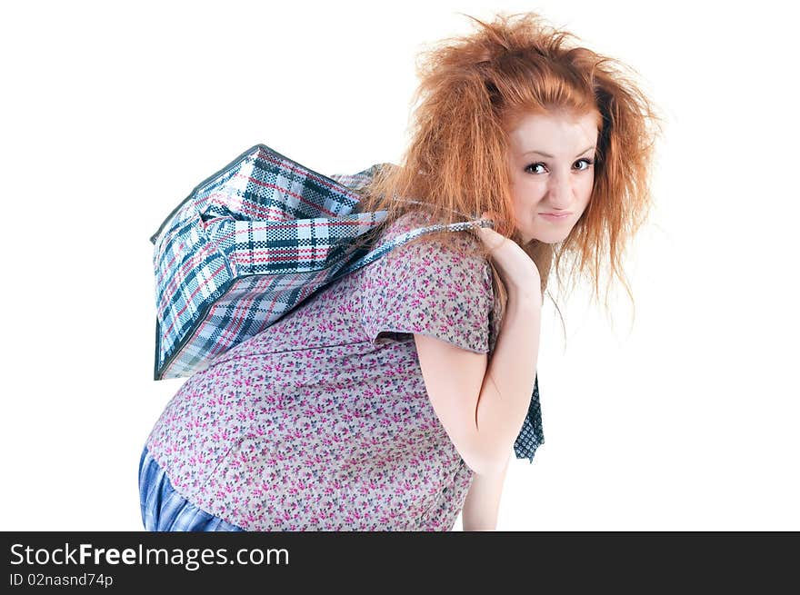 Tired woman with shopping bag. Isolated over white .