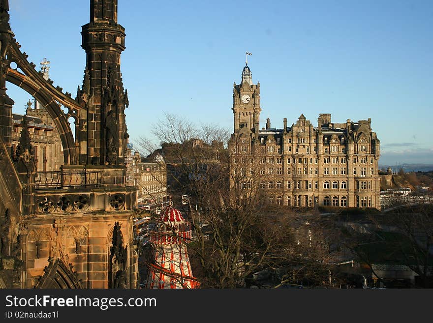 View of Edinburgh's Scott's Monument from above with the Balmoral in the Background. Taken on St Andrew's Day 2009. View of Edinburgh's Scott's Monument from above with the Balmoral in the Background. Taken on St Andrew's Day 2009