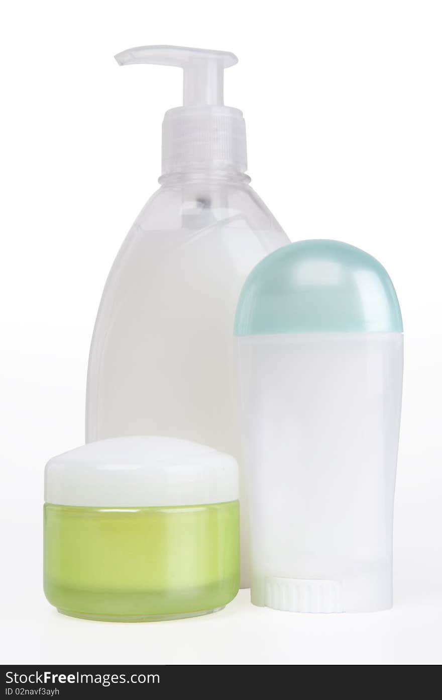 Face cream, dry deodorant and liquid soap bottles. Face cream, dry deodorant and liquid soap bottles