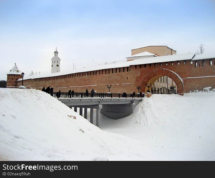 View on old wall of Novgorod Kremlin, Russia