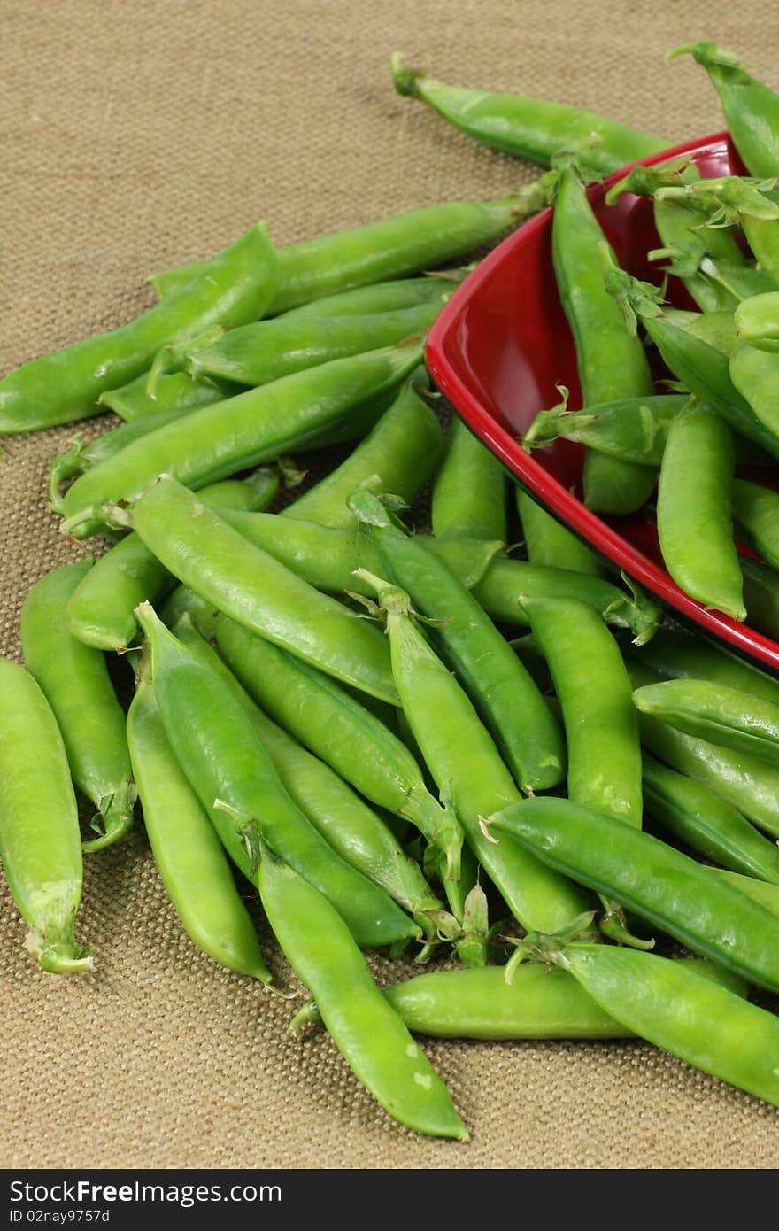 Delicious fresh green peas on red plate. Delicious fresh green peas on red plate