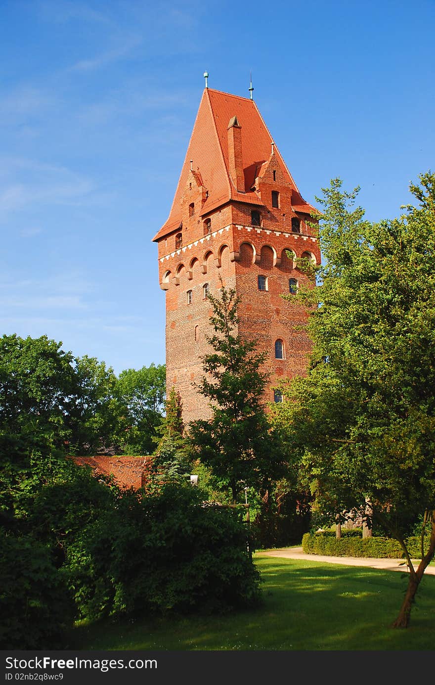 Brick Gothic architecture. Defensive tower, City of Tangermünde, Saxony Anhalt, Germany.